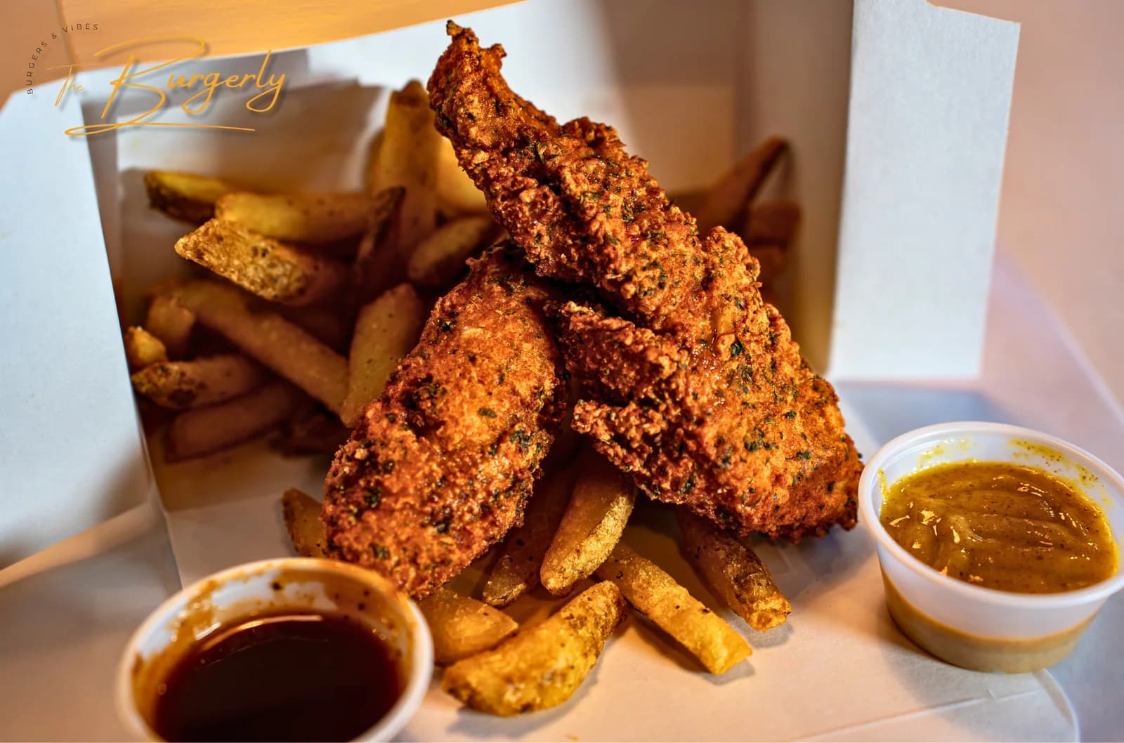 Hand-tossed Chicken Tenders — three seasoned tenders in a takeout box with seasoned fries and two dipping sauces.