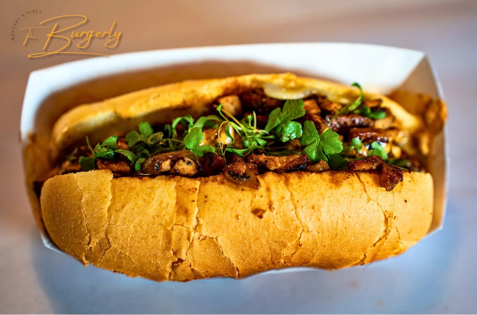 The Most Amazing Cheesesteak Ever — smoked chicken cheesesteak with Havarti, Muenster, savory onions, and micro cilantro on a soft long roll, in a takeout box.
